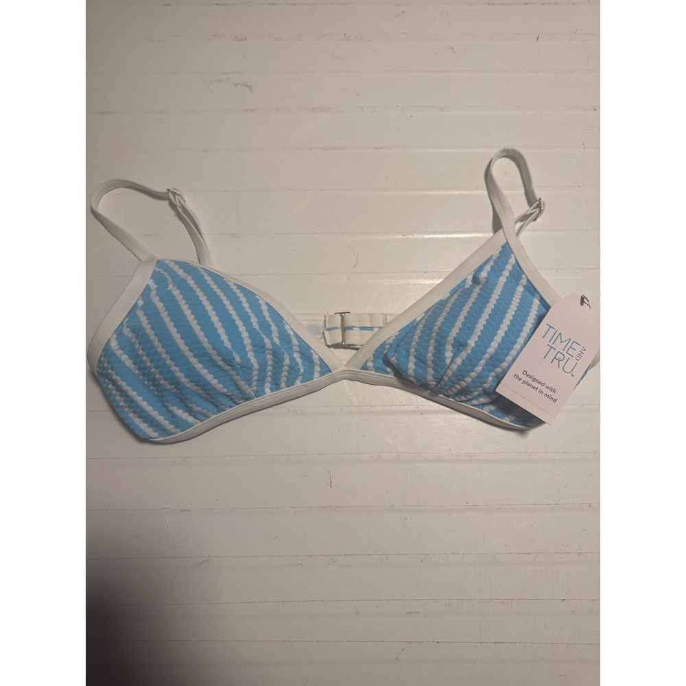 Time and Tru Aqua White Striped Textured Triangle Bikini‎ Top XL 16-18 NWT